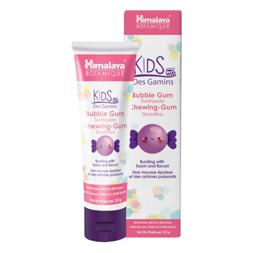 Himalaya Botanique Kids Toothpaste, Herbal, Bubble Gum Flavor, Fights Plaque, Fluoride Free, Gentle, No Artificial Flavors or Colors, SLS Free, Gluten Free, Cruelty Free, Vegan, Foaming, 4 Oz, 1 Pack