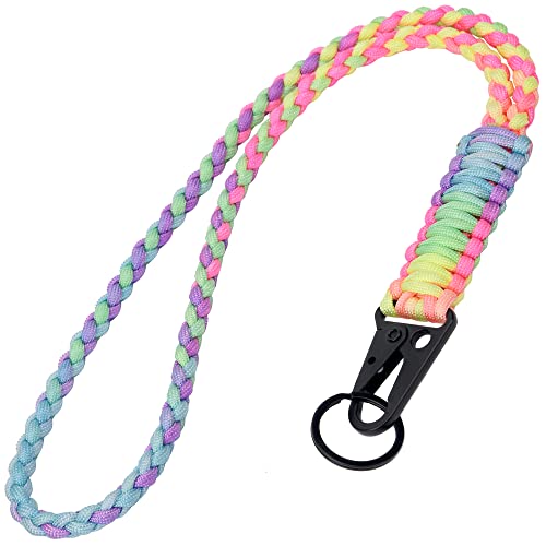 LAREDTREE Heavy Duty Paracord Lanyard Keychain, Paracord Necklace Cell Phone Keychain Whistles Wrist Braided Strap for Men Women Outdoor Activities, Camera, Traveling(Bright Rainbow)