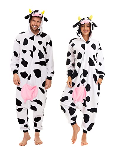 CANASOUR Christmas Cow Onesies Halloween Pajamas For Women Couples Adult Animal Custom With Udders Unisex Anime Cosplay Costumes (Cow,Medium)