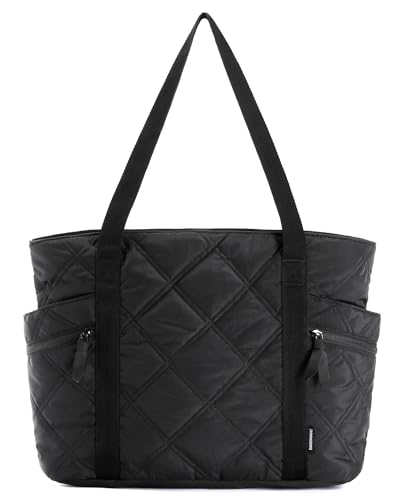 BAGSMART Tote Bag for Women, Large Tote Bag with Zipper, Quilted Puffer Bag Gym Bag Top Handle Handbag for Travel Work, Black