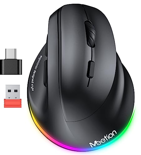 MEETION Ergonomic Mouse, Wireless Vertical Mouse RGB Backlit Rechargeable Mice for Bluetooth(5.2 + 3.0) & USB-A with USB-C Adapter 4 Adjustable DPI for Mac/Windows/Andriod/PC/Tablet/iPad Black