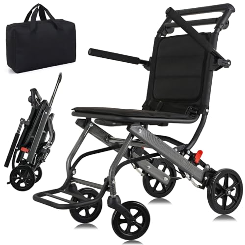 WISGING Ultra-Light Transport Wheelchair (only 15lb), Folding Portable Wheelchair with Hand Brake, Trolleys for Elderly Aircraft Travel, Wheelchairs for Adults (with Bag) (with Telescopic Handle)