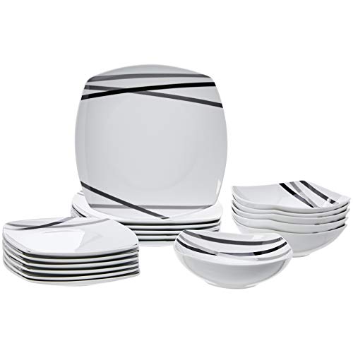 Amazon Basics - 18 Piece Kitchen Dinnerware Set - Square Plates, Bowls, Service for 6 - Modern Beams