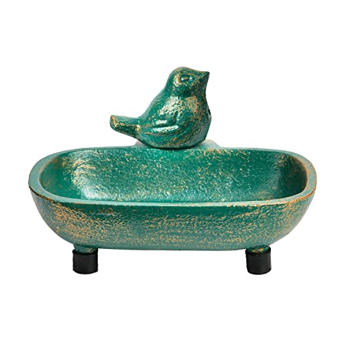 Sungmor Heavy Duty Cast Iron Hand Soap Holder - Lovely Bird Shaped & Antique Green Finish - Decorative Tabletop Soap Dish Tray for Kitchen Bathroom Sink - Practical Bath Soap Box Container