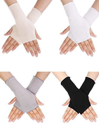 Bememo 4 Pack Sun Protection UV Gloves Cooling Fingerless Gloves Women Wrist Length Cotton Gloves Sun Block Driving Gloves(Classic Color)