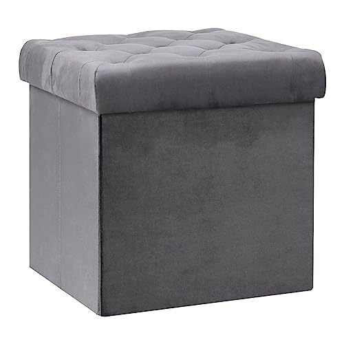 B FSOBEIIALEO Storage Ottoman Cube, Velvet Tufted Folding Ottomans with Lid, Footstool Rest Padded Seat for Bedroom (Grey, Medium)