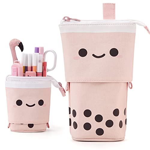 ANGOOBABY Standing Pencil Case Cute Telescopic Pen Holder Kawaii Stationery Pouch Makeup Cosmetics Bag for School Students Office Women Teens Girls Boys (Pink)