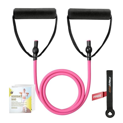 RitFit Single Resistance Exercise Band with Comfortable Handles - Ideal for Physical Therapy, Strength Training, Muscle Toning - Door Anchor and Starter Guide Included (Rose Pink(10-15lbs))