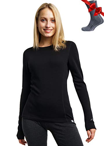 Merino.tech Merino Wool Base Layer Women 100% Merino Wool Midweight Long Sleeve Thermal Shirts + Wool Socks (Large, Black 250)