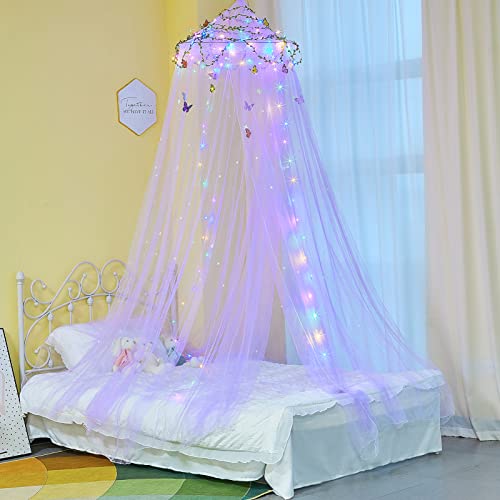 FIOBEE Bed Canopy for Girls Room Bed Canopy Curtains with Led Lights Mosquito Net DIY Princess Room Décor with Stars Butterflies for Kids Bedroom, Purple