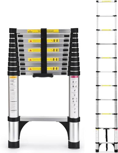 Soctone Telescoping Ladder, 10.5 FT Aluminum Lightweight Extension Ladder with 2 Triangle Stabilizers, Heavy Duty 330lbs Max Capacity，Collapsible ladder