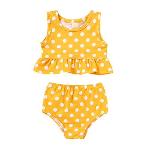 YOUNGER TREE Toddler Baby Girls Summer Swimsuit Sleeveless Polka Dot Swimwear Two-Piece Suit Beach Bikini Outfits Bathing Suit （Yellow Swimsuit, 3-4T）