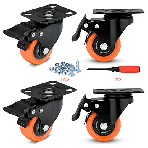 2' Caster Wheels Load 600 Lbs, Orange Polyurethane Castors, Top Plate Swivel Wheels, Casters Set of 4, Locking Casters for Furniture and Workbench, Heavy Duty Casters, 4 Pack Casters with Brake