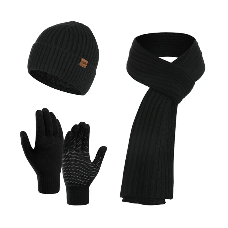 Women's winter beanie, long scarf, touch screen glove set with wool lining, knitted beanie with pompoms, stylish yet warm (black)