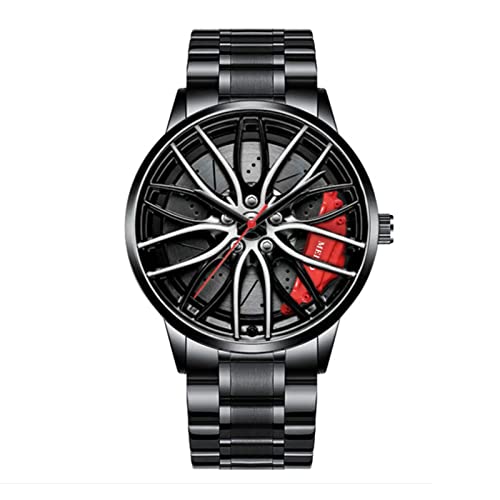 IAMAGOODLADY Car Watches for Men, Stainless Steel Quartz Wrist Watch Sports Men’s Watches with Car Wheel Rim Design (Red Watches)