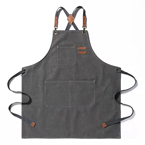 Tosewever Canvas Cross Back Chef Cotton Aprons for Men Women with Large Pockets (Grey)