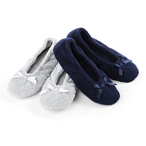 isotoner womens 2 Pack Ballerina Slipper Quilted and Solid Ballet Flat, Light Grey Quilted, Navy Blue Solid, 9.5-10.5 US
