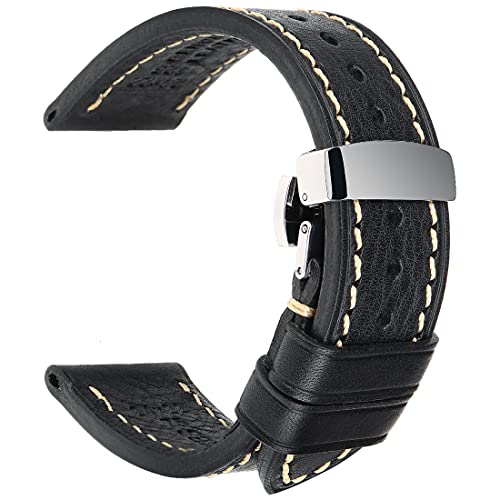 REZERO Leather Watch Band 22mm, Top Calfskin Watch Strap with Stainless Steel Butterfly Buckle Bracelet for Men Women, Black