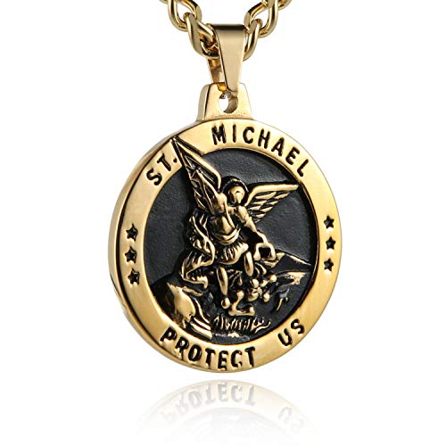 HZMAN St Michael The Archangel Catholic Medal Stainless Steel Amulet Pendant Necklace 22+2' Rolo Curb Chain