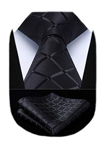 HISDERN Plaid Black Tie Handkerchief Woven Classic Stripe Men's Necktie & Pocket Square Set,Black,One Size