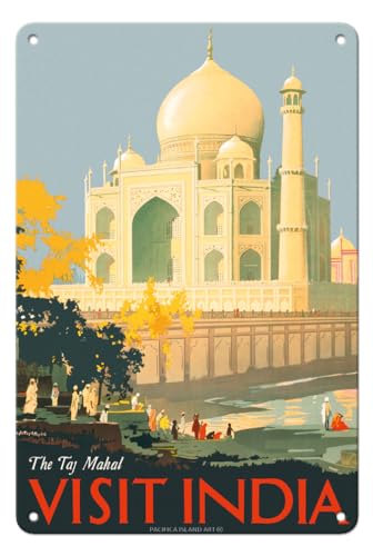 Pacifica Island Art Visit India - Taj Mahal - Agra India - Vintage Travel Poster by William Spencer Bagdatopoulos c.1930-8 x 12 inch Vintage Metal Tin Sign