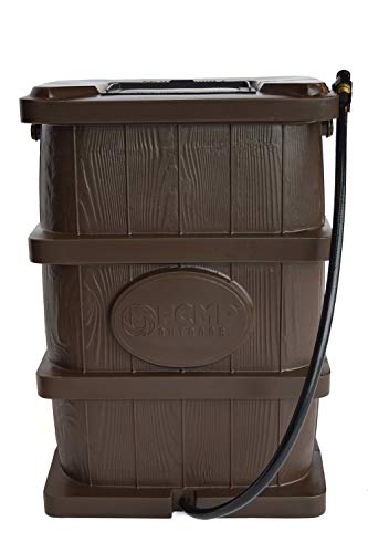 FCMP Outdoor Wood Grain 45-Gallon Rain Barrel - Water Rain Catcher Barrel with Flat Back for Watering Outdoor Plants, Gardens, and Landscapes, Brown