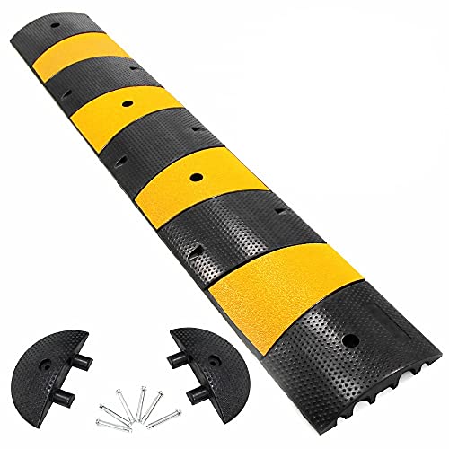 Speedmax 72' Long Rubber Speed Bump 1 Pack 2 Channel Heavy Duty 27000Lbs Load Capacity with 2 End Caps and 6 Bolts Spikes for Asphalt Concrete Gravel Driveway (72' Long, 1 Pack with End Caps)