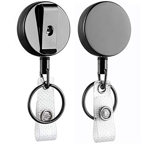 2 Pack Heavy Duty Retractable Badge Holder Reel, Will Well Metal ID Badge Holder with Belt Clip Key Ring for Name Card Keychain [All Metal Casing, 27.5' UHMWPE Fiber Cord, Reinforced Id Strap]