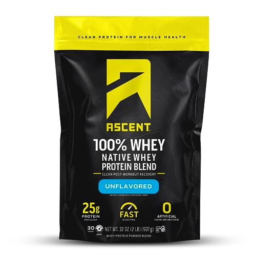 Ascent 100% Whey Protein Powder - Post Workout Whey Protein Isolate, Zero Artificial Flavors & Sweeteners, Gluten Free, 5.5g BCAA, 2.6g Leucine, Essential Amino Acids, Unflavored 2 lb