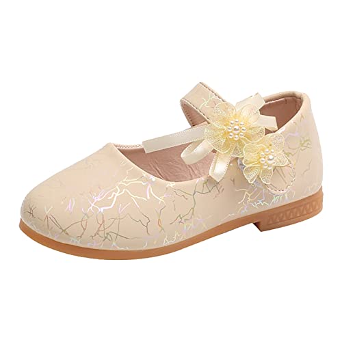 Teen Girls Princess Sandals, Glitter Pearl Dress Shoes Closed Toe Mary Jane Sandals with Pearl Ribbon Flower Hook Loop 07_Gold, Toddler 11