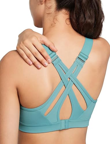 Yvette Sports Bra High Impact Adjustable Criss Cross Back, Full Support for Large Bust No Bounce, Sky Blue,M Plus