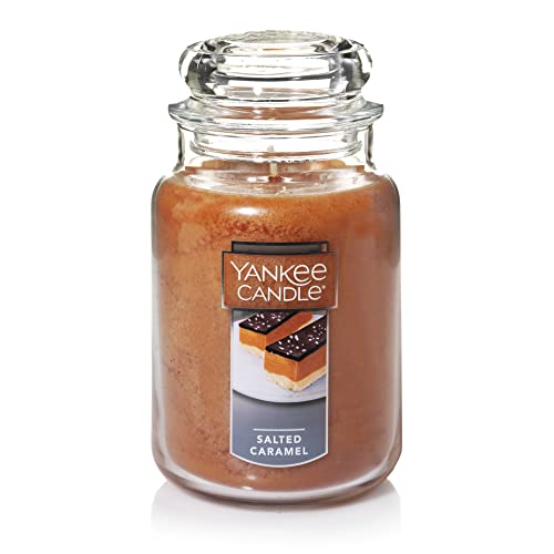 Yankee Candle Salted Caramel Scented, Classic 22oz Large Jar Single Wick Aromatherapy Candle, Over 110 Hours of Burn Time, Apothecary Jar Fall Candle, Autumn Candle Scented for Home