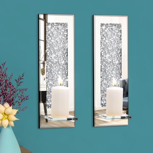 Pibeyer Crystal Crush Diamond Wall Candle Holder Set of 2, Rectangle Silver Mirrored Candle Sconces, Home Wall Decoration for Living Room,Dining Room & Bedroom