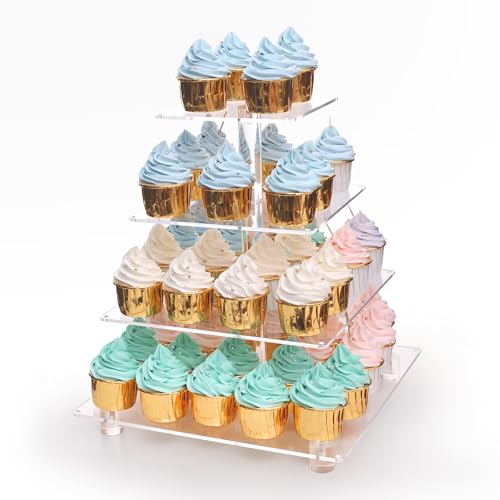4 Tier Clear Cupcake Stand with Gold LED String Lights, Acrylic Cupcake Display Holder for Weddings, Birthday, Anniversary, Party Events