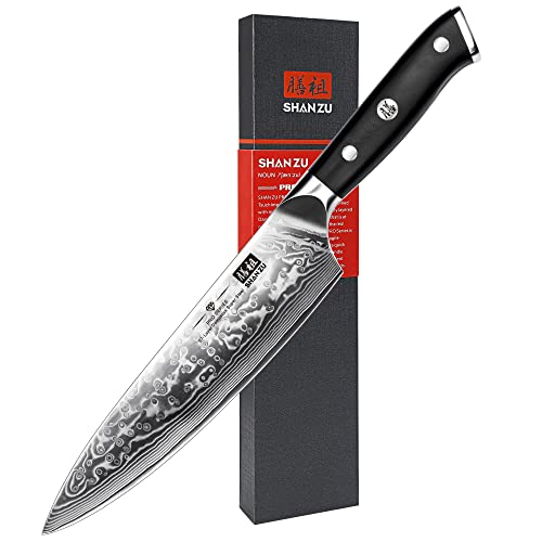 SHAN ZU Chef Knife 8 Inch Japanese Steel Damascus Kitchen Knife, Professional Kitchen Knives Sharp High Carbon Super Steel Kitchen Utility Knife