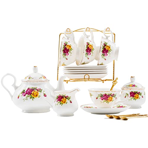 Daveinmic 22-Pieces Porcelain Tea Set,Vintage Floral Tea Gift Sets,Cups& Saucer Service for 6, with Spoons,Teapot,Sugar Bowl,Creamer Pitcher and Golden Metal Rack for Home&Party(Rose Flowers Set)