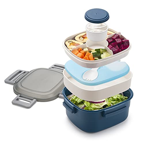 Freshmage Salad Container for Lunch with Ice Pack, Leakproof BPA-Free 52-oz with 4 Compartments for Men, Women (Blue+Ice Pack)