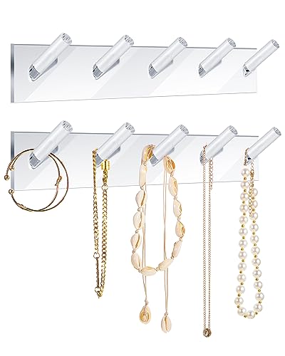 1 Pcs Acrylic Wall Mounted Necklaces Organizer with 6 Hooks Clear Adhesive Jewelry Wall Mount Hanging Hooks for Necklaces Bracelets Rings Chains