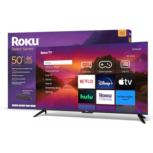 Roku 50' Select Series 4K HDR Smart RokuTV with Enhanced Voice Remote, Brilliant 4K Picture, Automatic Brightness, and Seamless Streaming