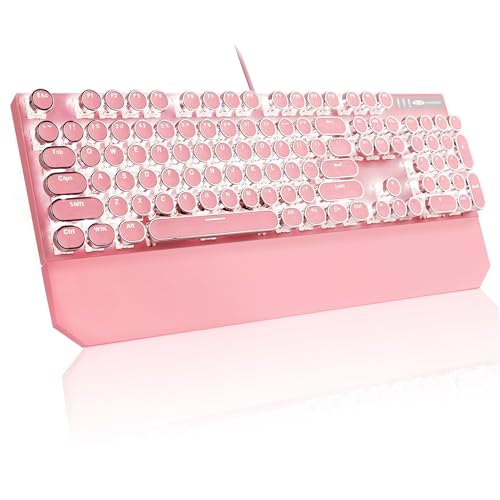 MageGee Typewriter Mechanical Gaming Keyboard, Retro Pink Punk Round Keycaps LED White Backlit Wired Keyboards with Detachable Wrist Rest for Game and Office, for Windows Laptop PC Mac - Blue Switches