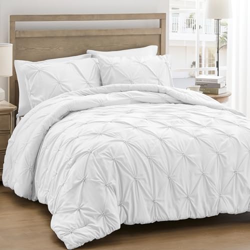 UNIKOME Queen Comforter Set White, 3 Pieces Soft Fluffy Pintuck Luxury Bedding Comforter Set for All Season, Cozy Lightweight Down Alternative Bed Set with Comforter & 2 Pillowcases.
