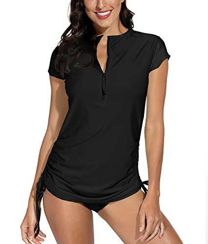 BesserBay Womens Short Sleeve Adjustable Ruched Bathing Suit Zip Up UV Swimming Blouson 2XL Black