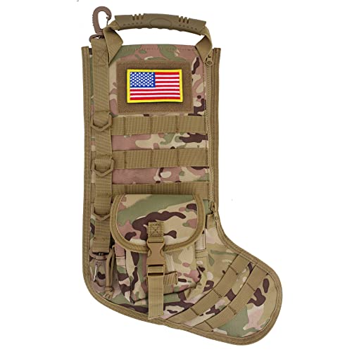 Speed Track Tactical Christmas Stocking, with Flag Patch MOLLE Webbing, Zip Pocket, MOLLE Clips, Gift for Veterans Military Patriotic and Outdoorsy People, Khaki Camouflage