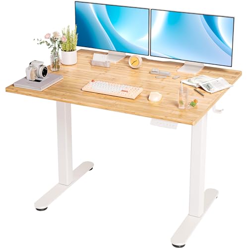 INNOVAR Bamboo Standing Desk, Adjustable Height Electric Stand up Desk with Whole Piece Desktop, 40x24 Inches Sit Stand Home Office Desk White Frame/Nature Top