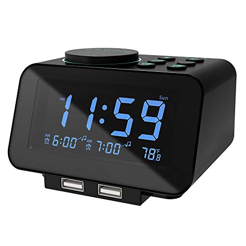 uscce Digital Dual Alarm Clock Radio - 0-100% Dimmer with Weekday/Weekend Mode, 6 Sounds Adjustable Volume, FM Radio w/Sleep Timer, Snooze, 2 USB Charging Ports, Thermometer, Battery Backup