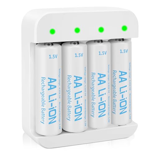 4 Pack Rechargeable 1.5V Lithium AA Batteries with Charger (4-Bay Independent Slot), Long Lasting Double A Size Battery 3600mWh for Blink Camera