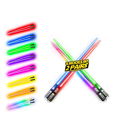 LIGHTSABER CHOPSTICKS LIGHT UP STAR WARS LED Glowing Light Saber Chop Sticks REUSABLE Sushi Lightup Sabers Bright LEDs - 8 Color Modes - 2 Pairs