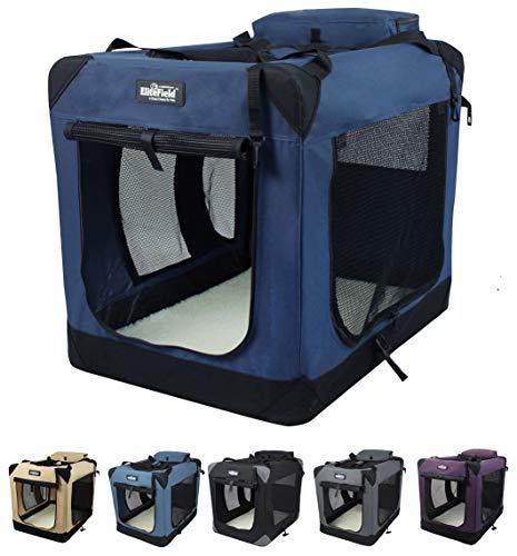 EliteField 3-Door Folding Soft Dog Crate with Carrying Bag and Fleece Bed (2 Year Warranty), Indoor & Outdoor Pet Home (36' L x 24' W x 28' H, Navy Blue)