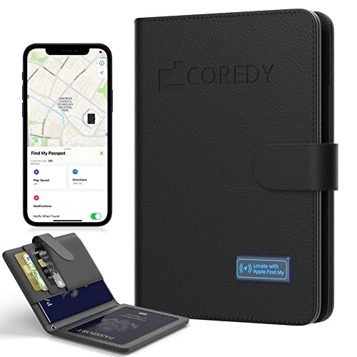 Coredy Passport Holder with Bluetooth Tracker, Works with Apple Find My (iOS Only), Worldwide Locate Passport Cover, Sound & LED Lights Indicator, 3-Year Long Battery Life, Travel Essentials, Black