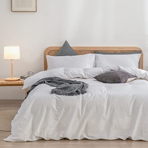 BESTOUCH Duvet Cover Set 100% Washed Cotton Linen Feel Super Soft Comfortable Chic Lightweight 3 PCs Home Bedding Set Solid Bright White Queen